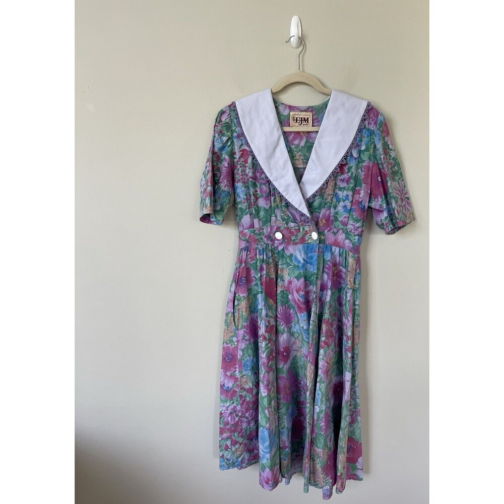 EJM Petite Women Midi Dress Cotton Blue Floral Double Breasted Preppy Retro Boho